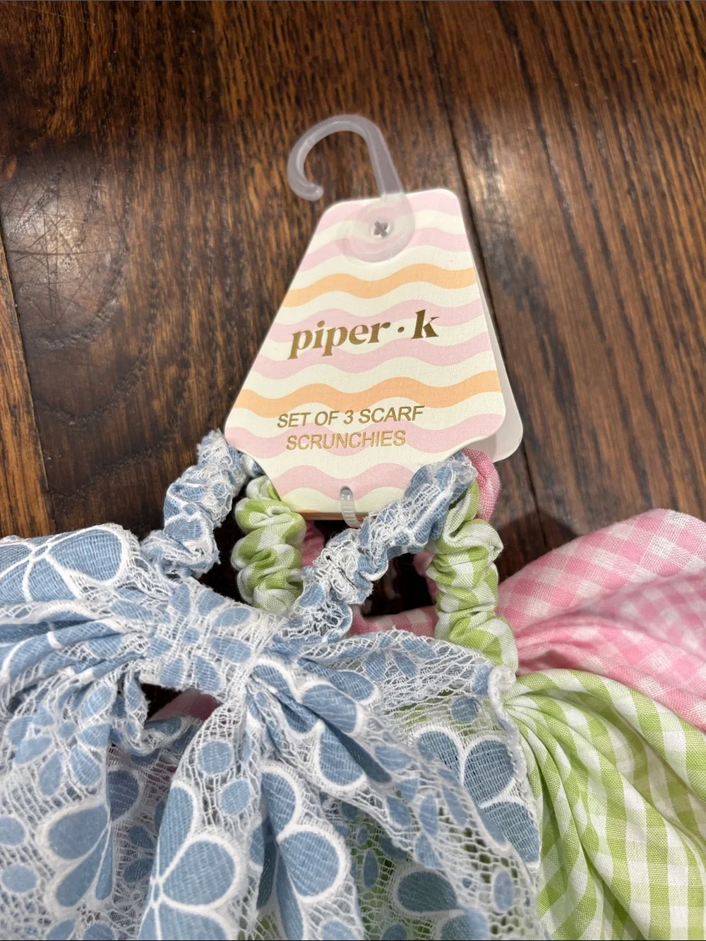 Piper K Set of 3 scarf scrunchies in Blue, Green & Pink